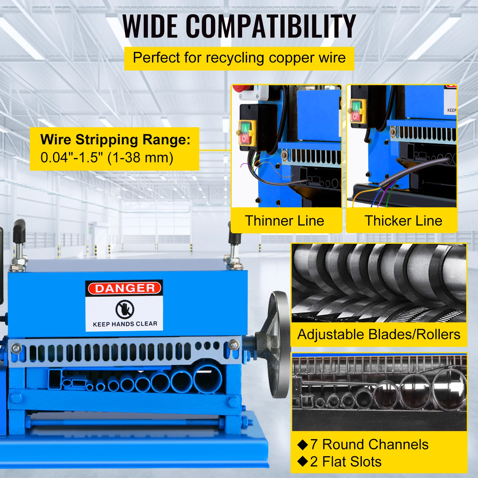 VEVOR Electric Wire Stripping Machine 370W 1.5mm-38mm Cable Stripper Peeling W/ 11 Channels & 10 Blades Removing Plastic Rubber 4