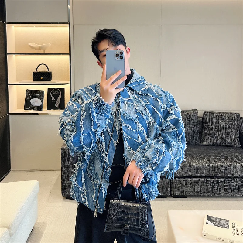NOYMEI Personality Denim Jacket Autumn 2024 Fashion Tassels Lapel Korean Style Cutting Design Zipper Short Coat Men WA2650