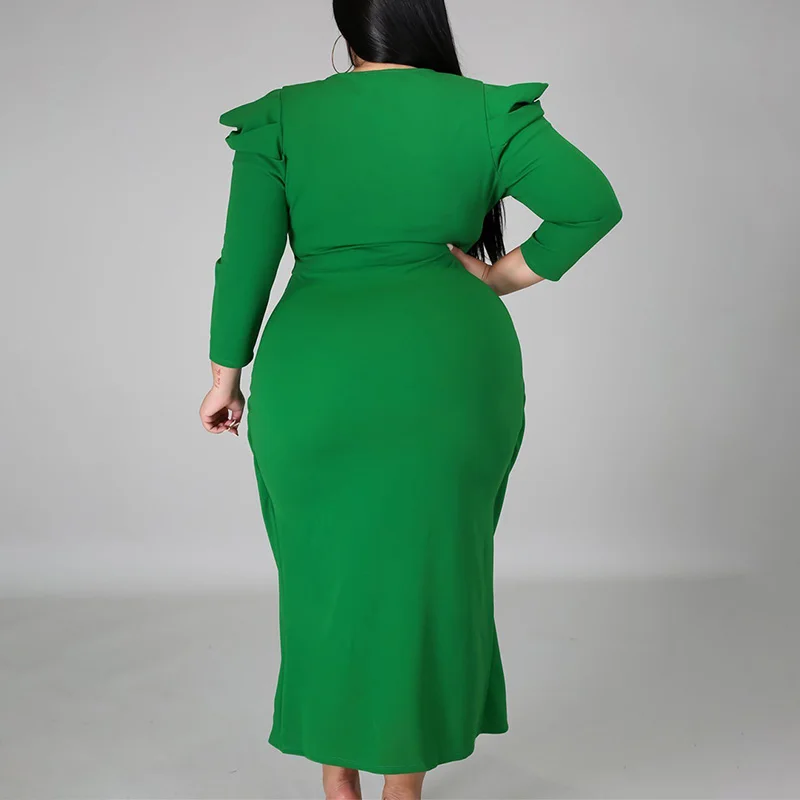 Plus Size for Clothes Women Evening Party V-Neck Bag Hip Irregular Dress Solid Color Pleated Long Sleeve Slim Split Fork Dresses