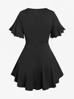 ROSEGAL Plus Size Lettuce Ruched Keyhole Flutter Sleeves Surplice Tee 2026 Women Summer new soild V-Neck Short Sleeves Tee - Image 3