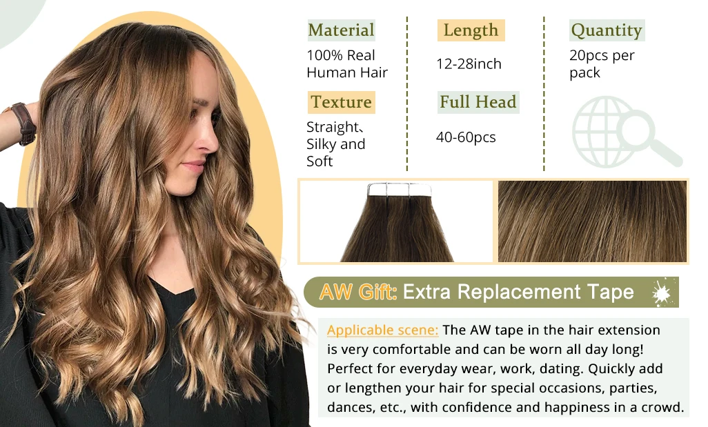 AW 12''-28'' Tape In Human Hair Extensions Straight Seamless Invisible Natural Machine Made Remy Adhesive Glue On Hair Extension