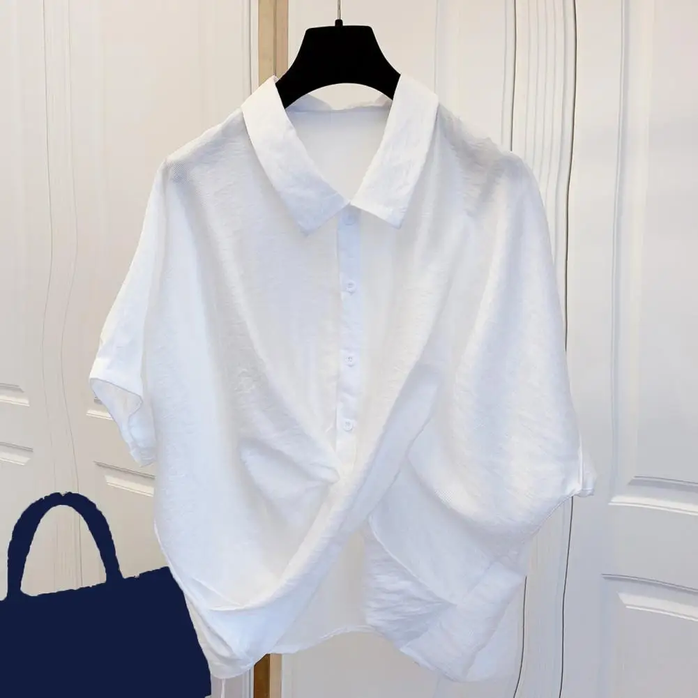 

Breathable Women Shirt Chic Casual Women's Summer Tops Irregular Cross Design Batwing Sleeves Single Breasted for Streetwear