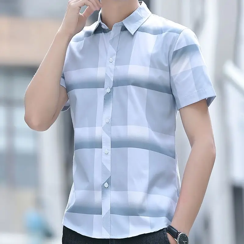 Short Sleeve Men's Shirt and Blouse Business Striped with Pocket Male Top Fashion 2023 Casual Collar Asia Luxury Button Clothes