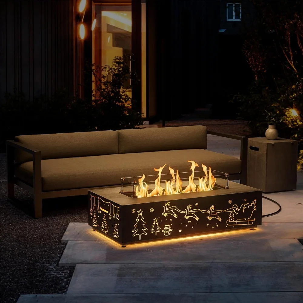 Outdoor Fire Pit Table with LED Light Propane Gas Fire pits Outdoor Fireplaces 42&Prime;Rectangular Firepit Table,50,000BTU Table
