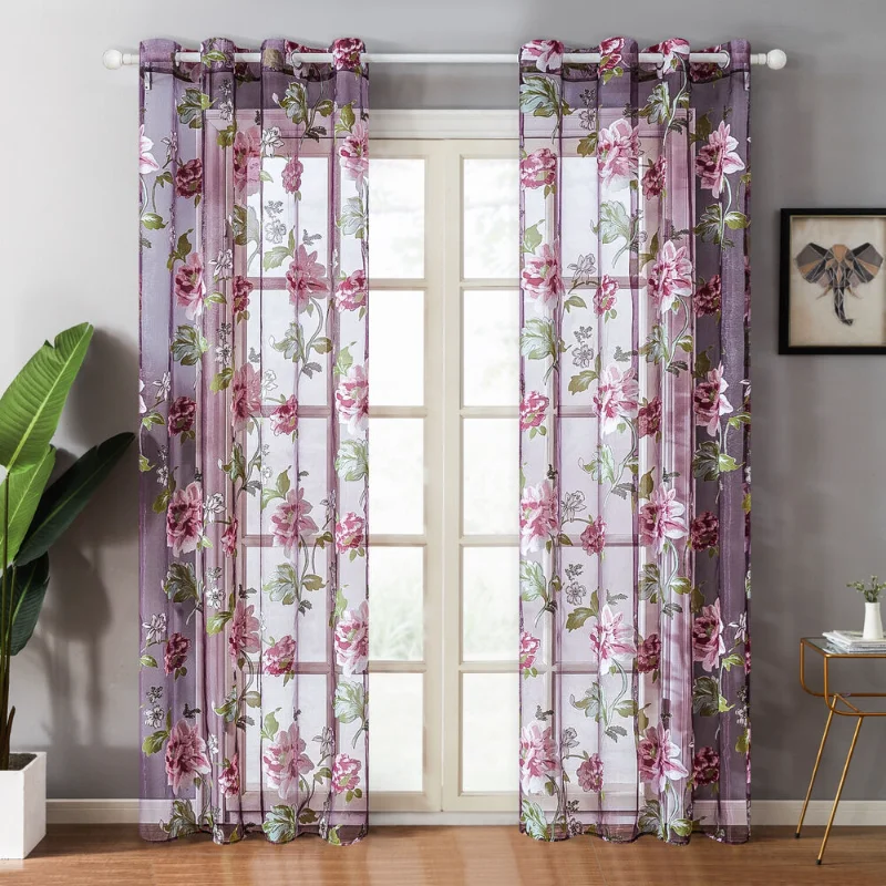 

Curtain 2 Panels Floral Sheer Curtains Livingroom Bedroom Grommets Window Voile Curtain