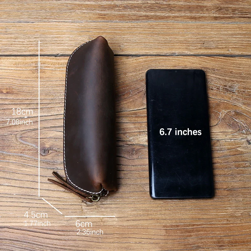Retro Genuine Leather Pen Bag Crazy Horse Leather Pen Box Storage Bag Zipper Glasses Box Learning Supplies Stationery Wallet Bag