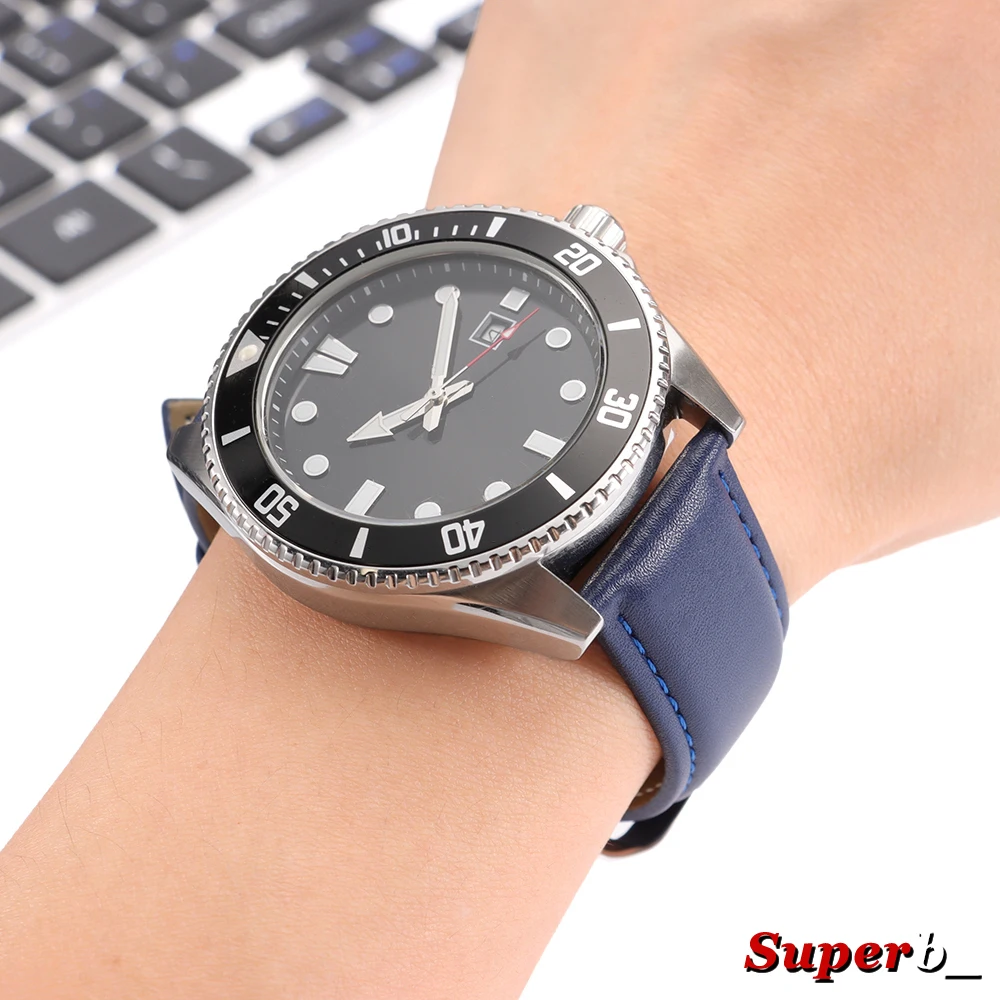 Premium Calfskin Leather Watch Strap – Soft Brown and Blue Wristband with Silver Stainless Steel Buckle