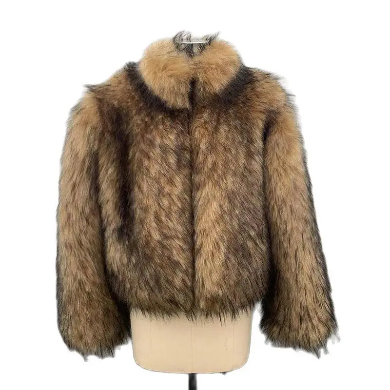 

HJQJLJL 2022 New Fashion Women Faux Raccoon Fur Coat Female Winter Thick Warm Fluffy Furry Jacket Stand Collar Faux Fur Outwear