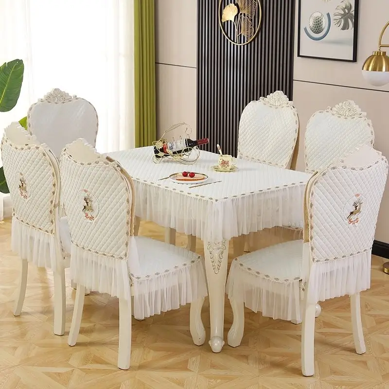 

Solid Color Desk Cloth Chair Cushion Backrest Cover Lace Non Slip Dustproof Stool Cover Household Dining Table Coffee Tablecloth