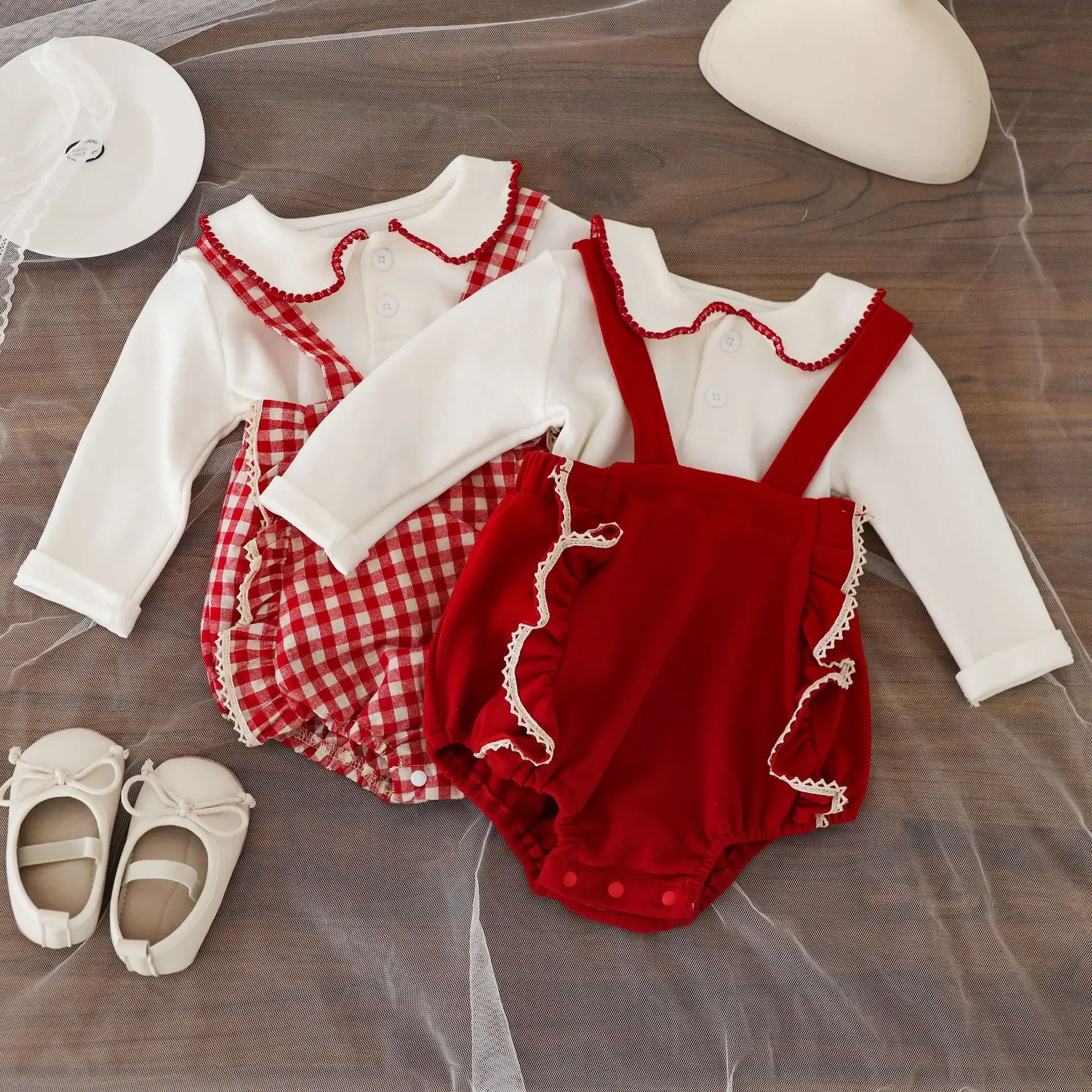 Spring Newborn Baby Girl Romper Outfit Cotton Red Lace Bib Overalls Festive Celebration Baby Clothes Infant Outerwear