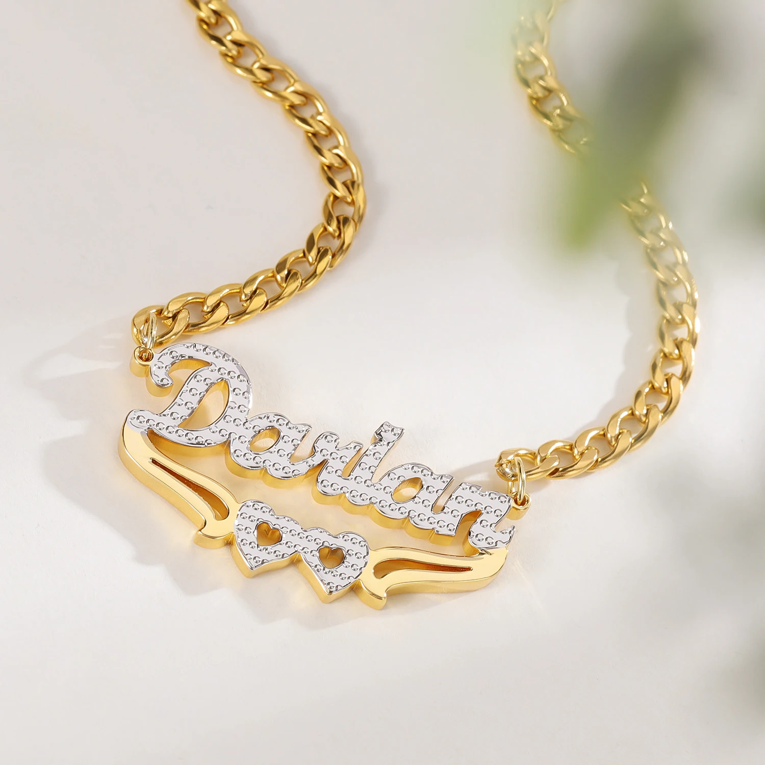 Custom Name Necklace Double Layer Two Tone Two Hearts Personalized 14K Gold Plated Stainless Steel Cuban Chain Necklace For Wome