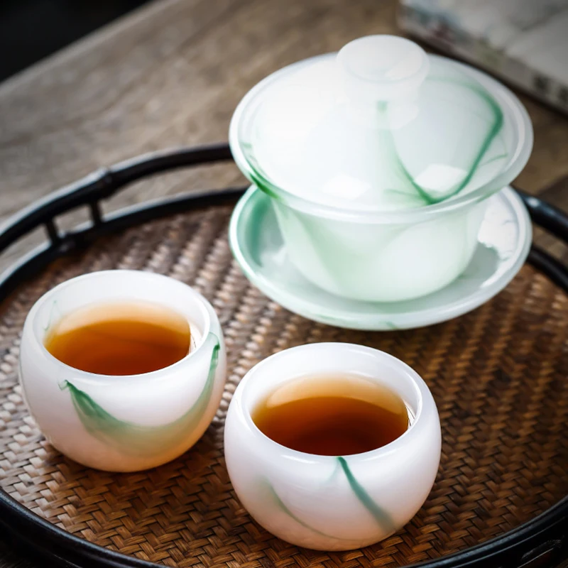 Emerald Green Ink Tea Cup Jade Porcelain Sancai Covered Bowl Tea Bowl Tureen Glass Kungfu Set Accessories Gift