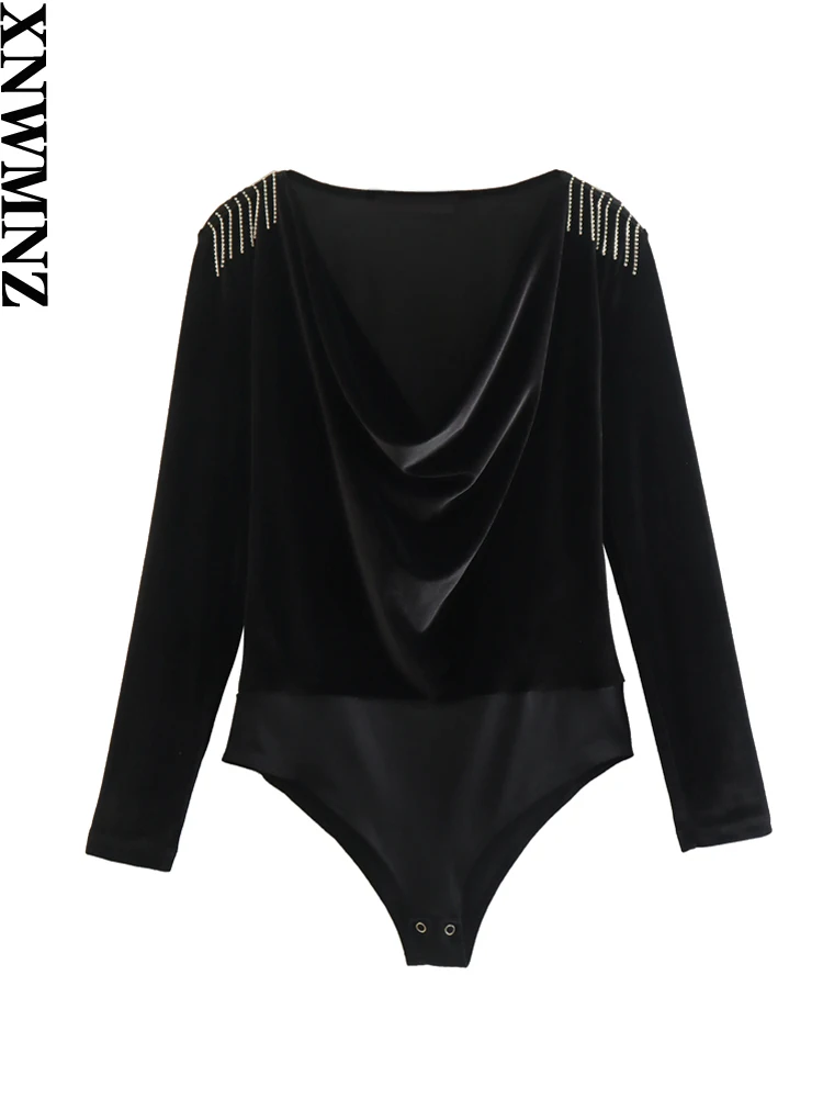 

XNWMNZ Women Fashion Shoulder Beads Velvet Bodysuit Woman Vintage Long Sleeve Bottom Button Female Chic Party Bodysuit Top