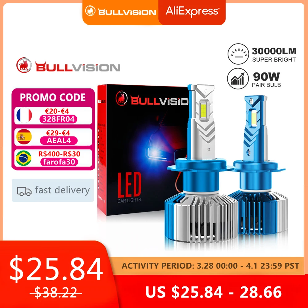 BULLVISION H4 LED Headlight 30000LM CSP Chip H7 Canbus H8 H9 H11 9005 HB3 9006 HB4 90W 6500K Auto Headlamp Fog Light Bulbs |