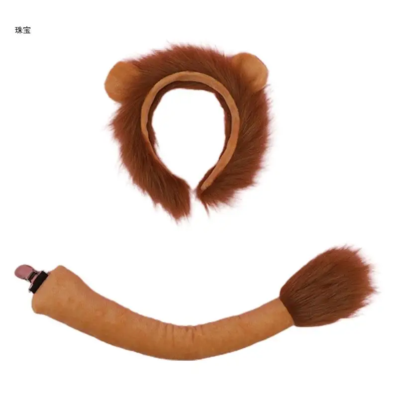 

X5QE Animal Lion Ears Headdress Tail Set Plush Handmade Costume Set Anime for Halloween Christmas Cosplay Accessories