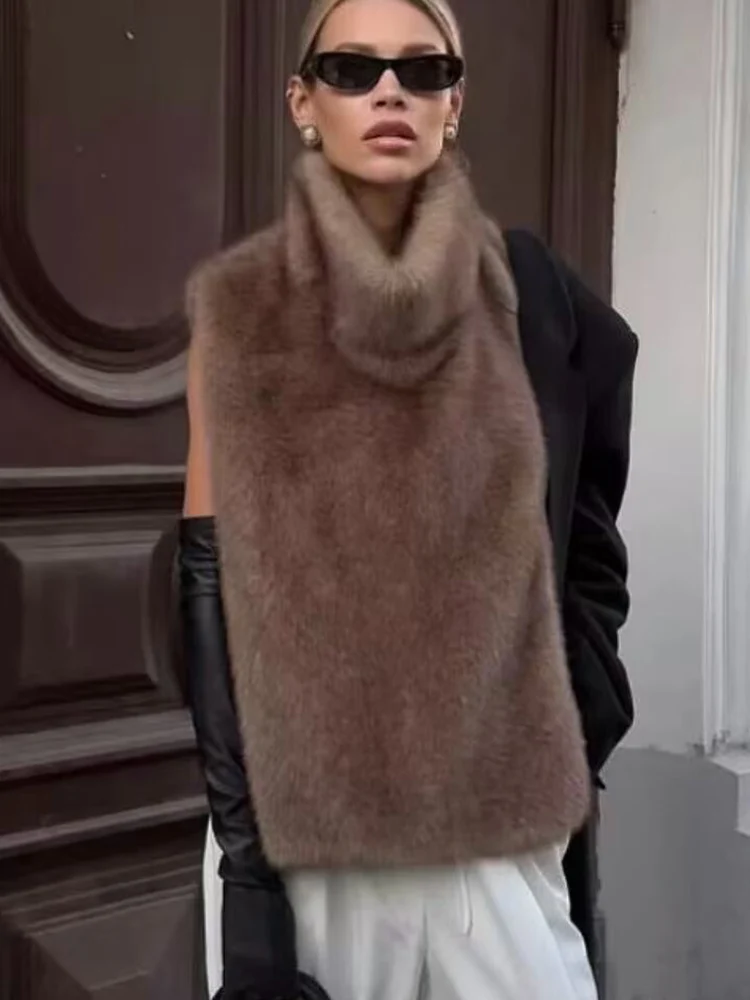 Casual Women Solid Faux Fur Vest Fashion Leisure Sleeveless High Collar Loose Waistcoat New Chic Lady Highstreet Elegant Vests