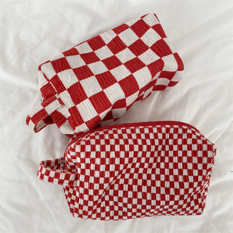 Terry Cloth Makeup Bag Checkered Cosmetic Bag Plush Makeup Pouch