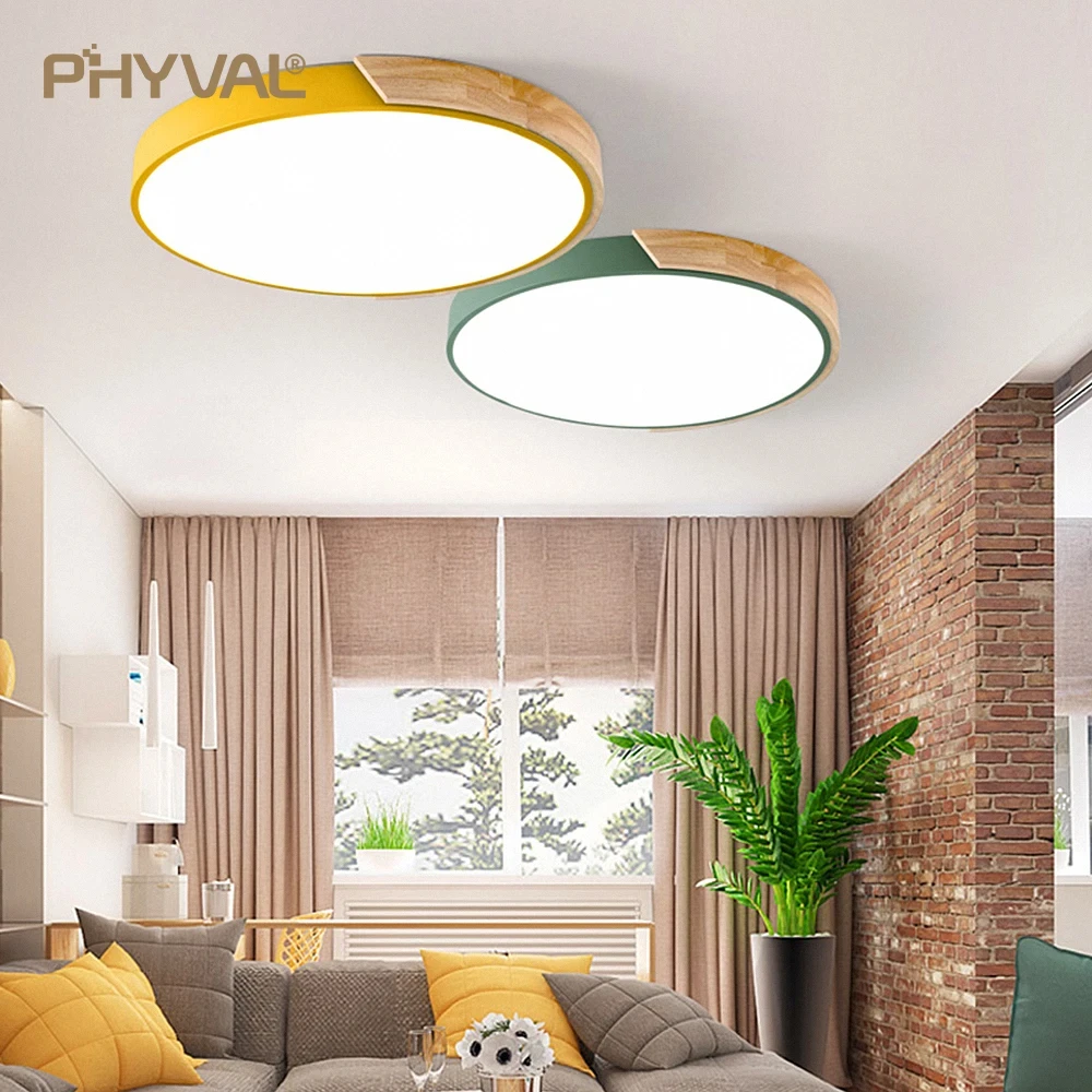 Nordic LED Iron Macaron Ceiling Lamp Round Dimmable Wooden Ceiling Light For Bedroom Living Room Porch Meals Lamps and Lamps