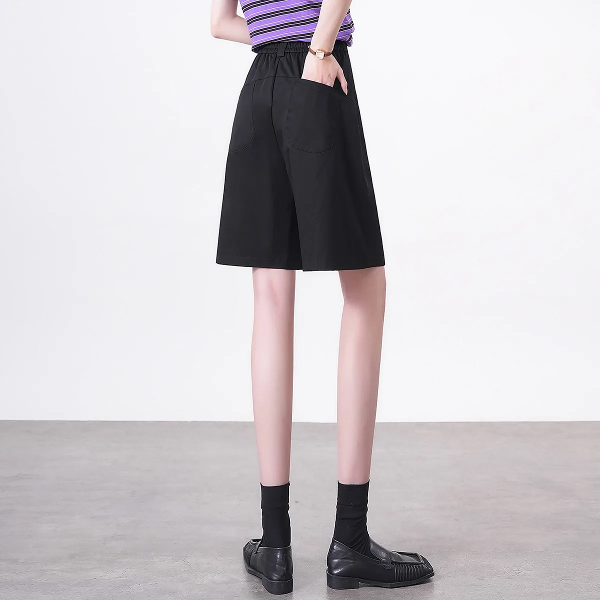 LOUIS YAO Short Pants 100% Cotton Casual Basic Short Trousers High Waist Wide Leg Pants Solid Color Summer Pants