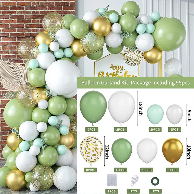 

Avocado Green White Metal Gold Balloons Garland Kit Wedding Birthday Party Decoration Ballon Chain Baby Shower Supplies Baloons