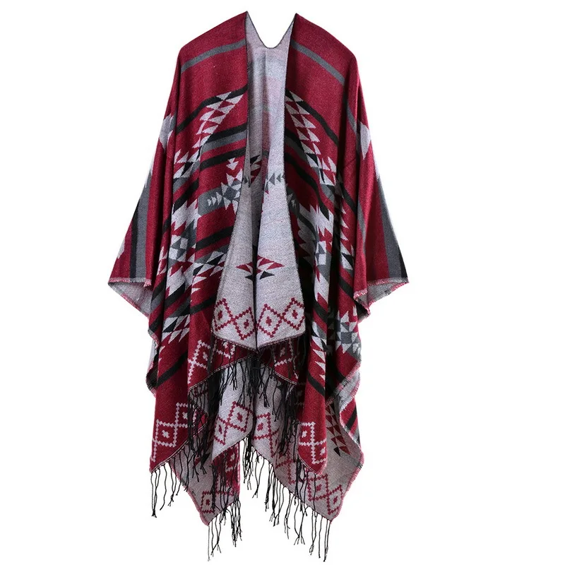 

Geometric Diamond Tassel Imitation Cashmere Autumn Winter National Style Travel Fork Cape Ponchos Capes Red