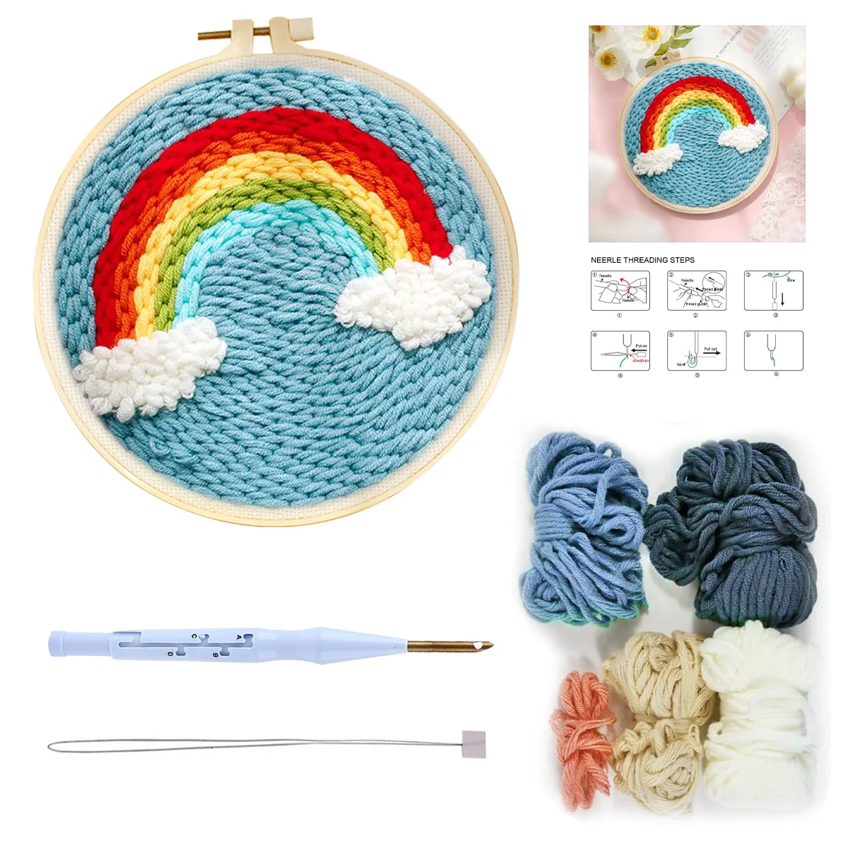 

RUOPOTY Poking Embroidery Diy Punch Needle Starter Kits For Beginner Adults Handicrafts Yarn Painting For Home Decors Rainbow