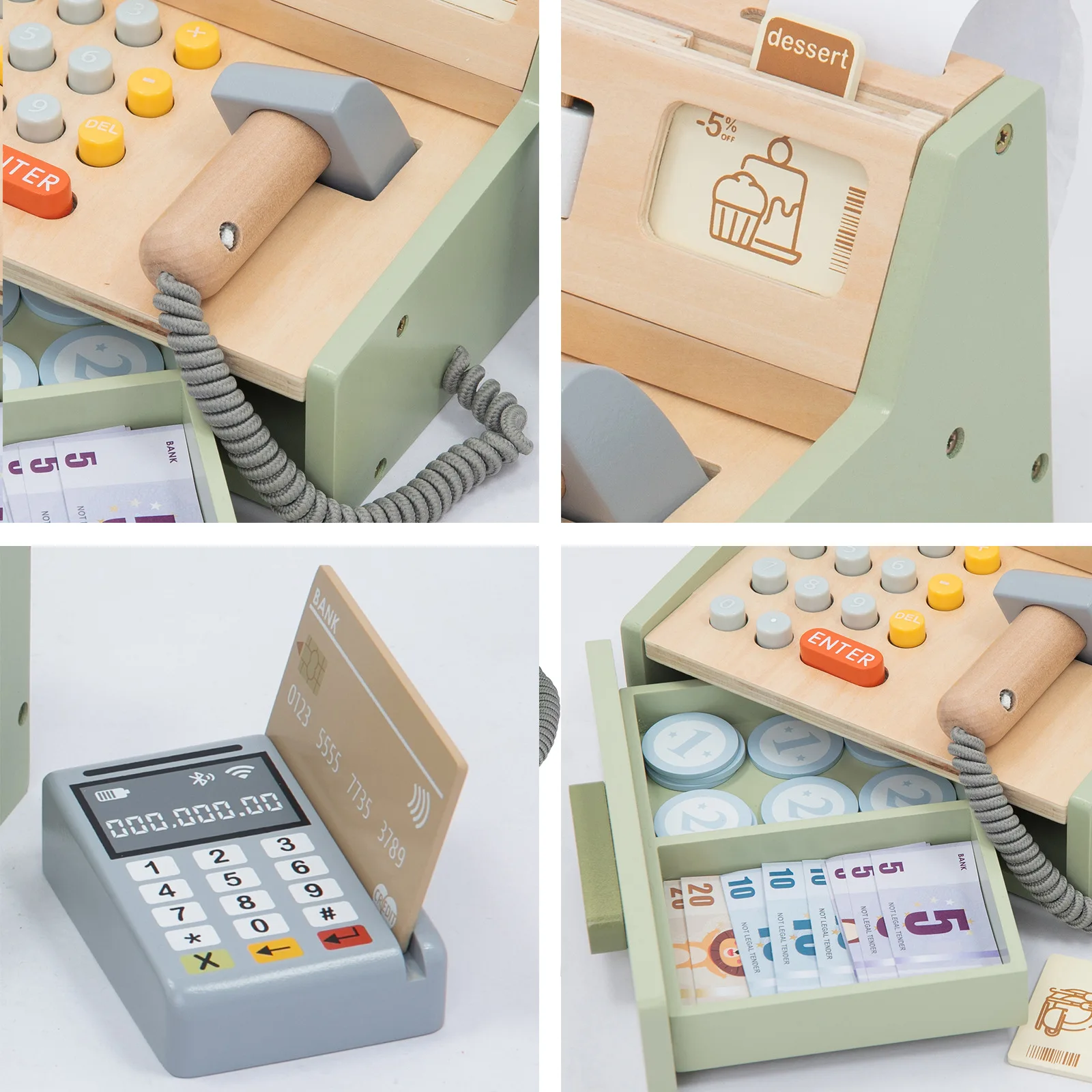Wooden Simulation Supermarket Checkout Counter Toy Cash Register Kids Role-Play Toys Kitchen Toys Girls Pretend Play Toys 3