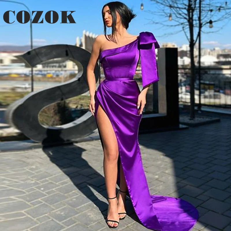 

Stain High Slit Purple Modern Mermaid Prom Dresses Spaghetti Straps Floor Length فساتين السهرة Evening Gowns Custom LF55