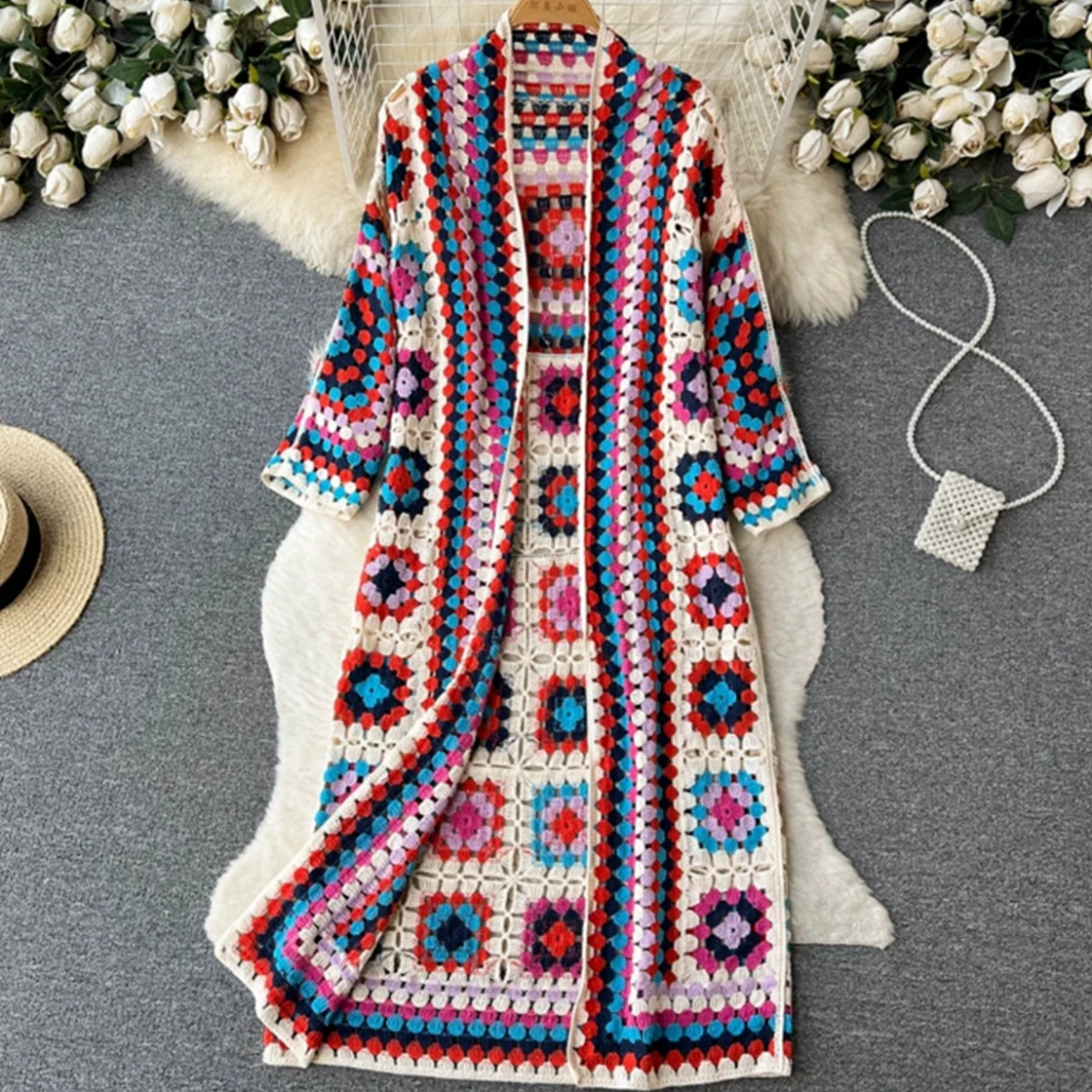 

2023 Autumn New Fashion Knitted Long Cardigans Women Vintage Floral Knit Streetwear Hollow Out Overcoat