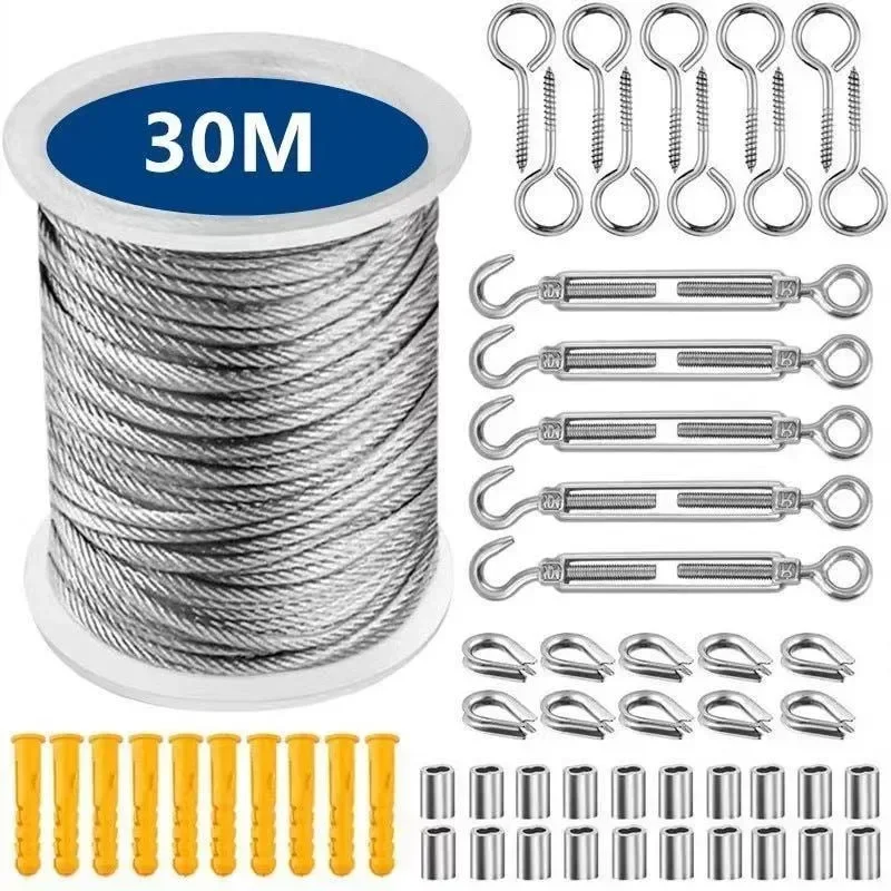 Turnbuckle Wire Tensioner Kit 15/25/30/50 Meters Vinyl Coated Stainless Steel Cable Wire Rope Turnbuckles Strings Light stainless steel wire rope steel wire rope