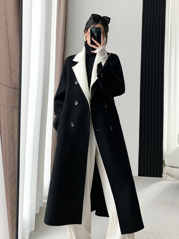 

2024 Winter Korean Fashion Warm Faux Wool Coats Vintage Double Breasted Jackets Loose Patchwork Cashmere Outerwear