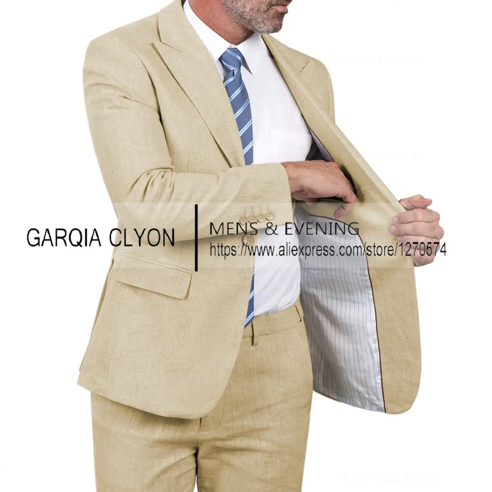 New 2 Pieces Linen Slim Fit Casual Peak Lapel Single Breasted  Real Picture Men's Suits Can Be Customized