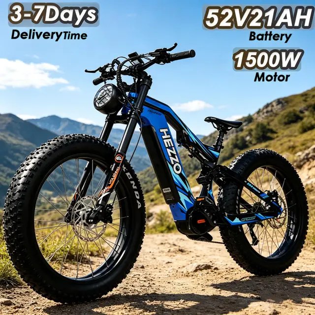 Vélo électrique HEZZO K9, moteur 1500W, batterie 52V21AH, cadre en fibre de carbone, pneus larges 26×4,5 pouces, frein à disque hydraulique, vélo électrique tout-terrain de montagne 1