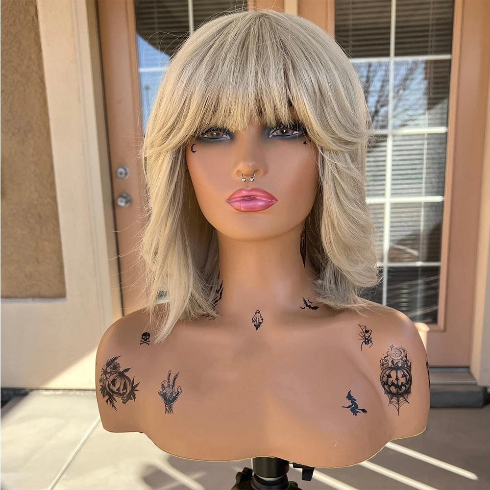 Platinum Blonde Bob Cut Hair Synethetic Lace Front Wig Lace Free Bang Wig 180 Density 14" Heat Resistant Short for Women