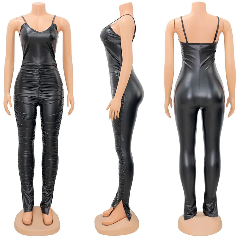 Sexy Bodycon PU Leather Jumpsuit Women Backless Spaghetti Strap Club Outfits for Women Overalls Black Ruched One Piece Rompers