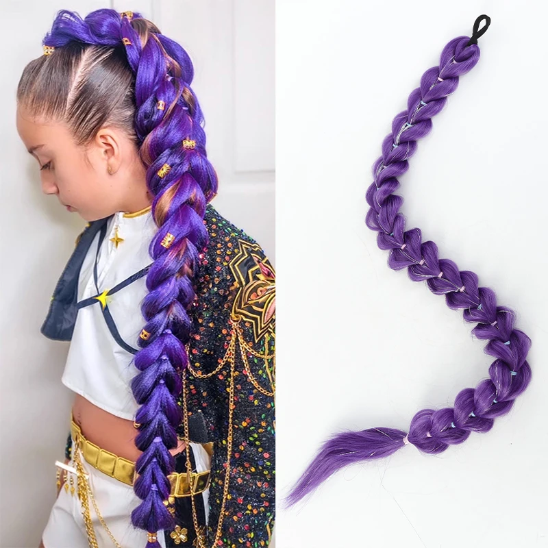Purple kpop witch hunting group  cosplay anime wig with the same headband golden thread ponytail wig braid