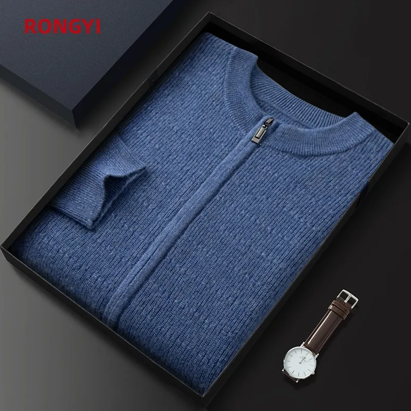 RONGYI 100% Goat Cashmere Men's Clothing Autumn and Winter New Knitted Cardigan Casual Loose Bottomed Shirt Fashion Jacket Top