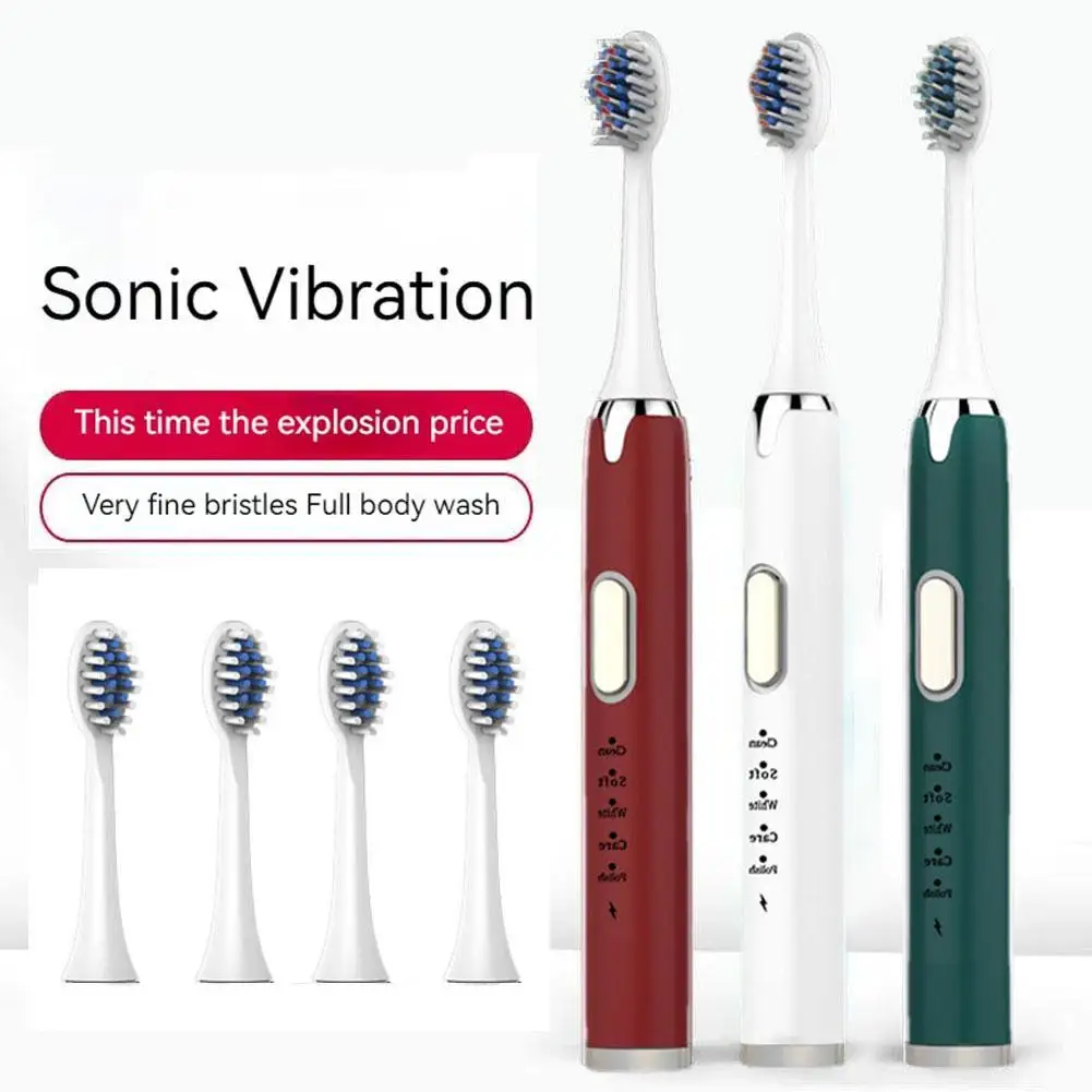 

Electric Toothbrush with 4 Replacement Brush Heads IPX7 Waterproof USB Rechargeable 6 Modes Sonic Vbration Oral Cleaning 3 Color