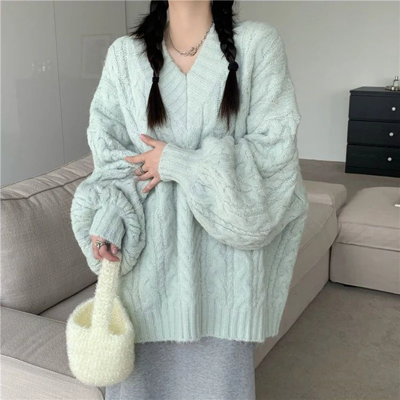 Oversized Sweater Women Fashion Preppy Pink V Neck Knitted Pullovers Harajuku Korean Long Sleeve Knitwear Winter Jumpers
