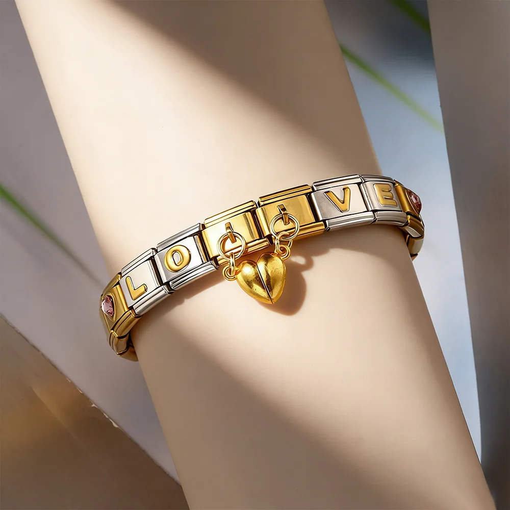 URING 9 mm italienisches Edelstahl-Armband, goldfarben, Liebesherz-Element, Werkzeug-Kombinationsset, DIY-Charm-Schmuck, Geschenke, 18-teiliges Paket – Detail 5