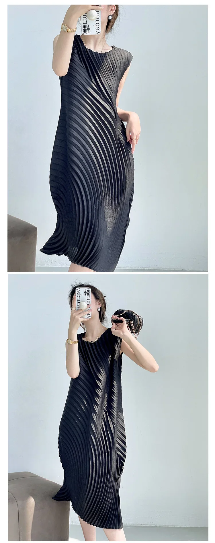 Miyake-プリーツノースリーブドレス ラウンドネック コントラストカラー ロング 女性のファッション パーティー 春 新しいコレクション2022 MIYAKE-プリーツノースリーブドレス,ラウンドネックのロング
