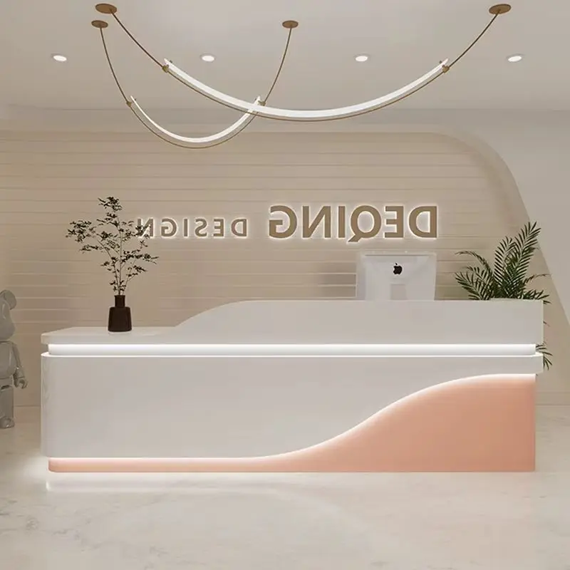High Quality Small Modern Wood Panel Reception Desk Home Office Beauty Salon Barber Shop Featuring Pink White Front Table Bar