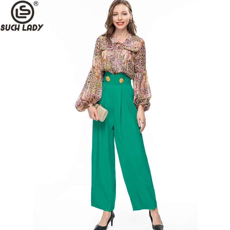 

Women's Runway Two Piece Pants O Neck Lantern Sleeves Leopard Printed Blouse with Wide Leg Long Pant Fashion Twinset Sets