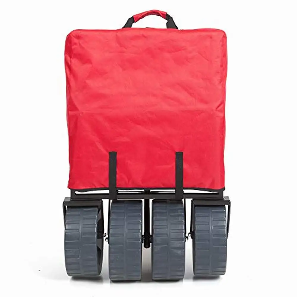 Heavy Duty Folding Utility Beach Wagon Cart Table 150lbs Capacity All Terrain Wheels Mesh Bottle Holders Red/Black Beach Days