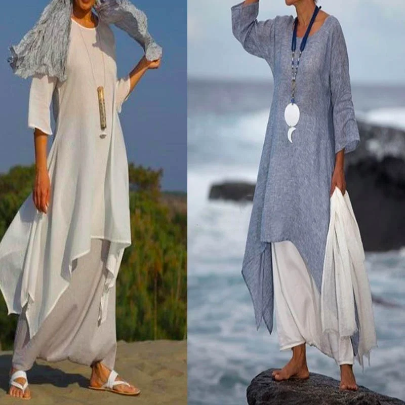 

2022 New Women Fashion Irregular Leisure Loose Fitting Linen Shirt Tunic Pullover Blouse Baggy Tops Round Neck Comfy Dress