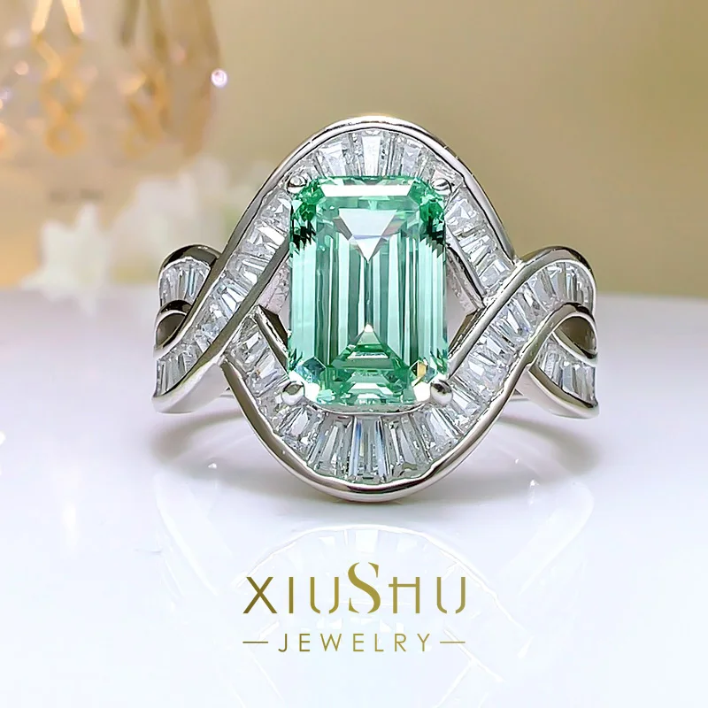 

Artificial Palaiba Green Tourmaline Ring Emerald Cut Rock Sugar Rectangular T Square Diamond 925 Silver High Carbon