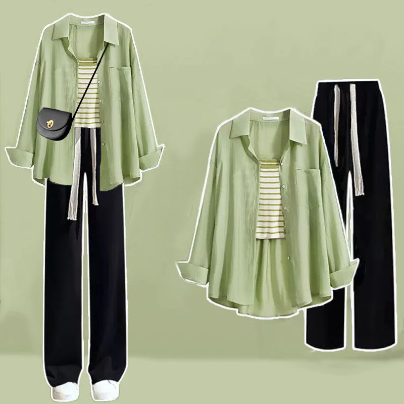 Spring/Summer Fashion Set Women's Korean Loose and Thin Long Sleeved Shirt Coat+High Waist Wide Leg Pants Three Piece Set Pants