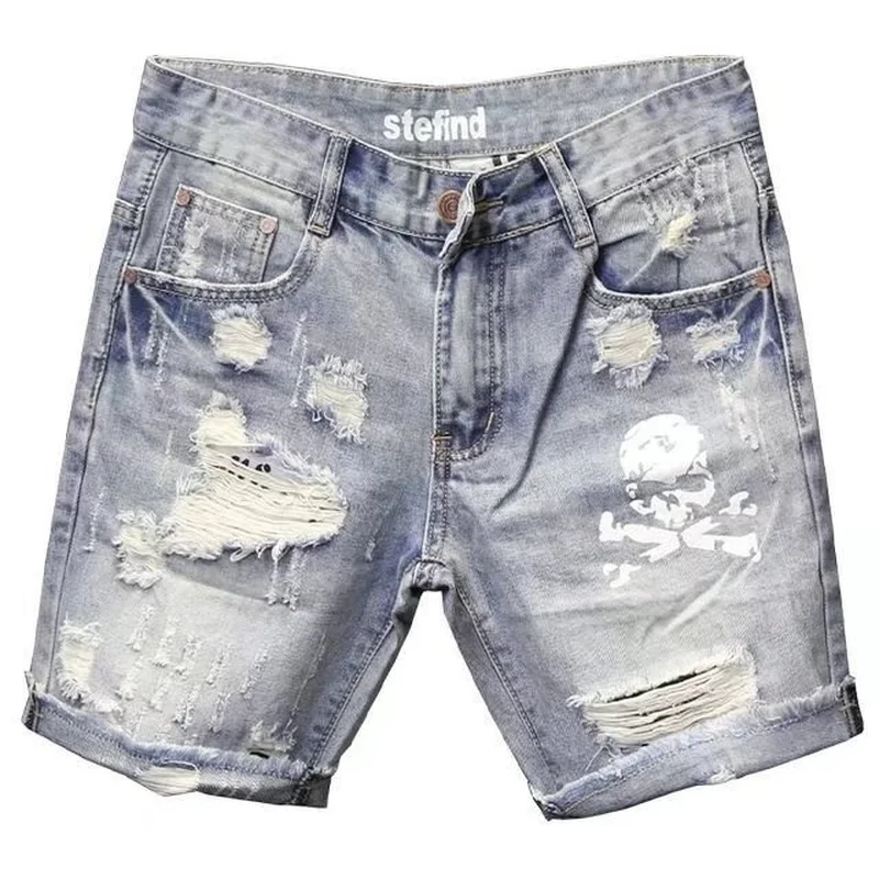 Men jeans ripped hole skeleton skull printed Korean slim fitting cowboy denim shorts