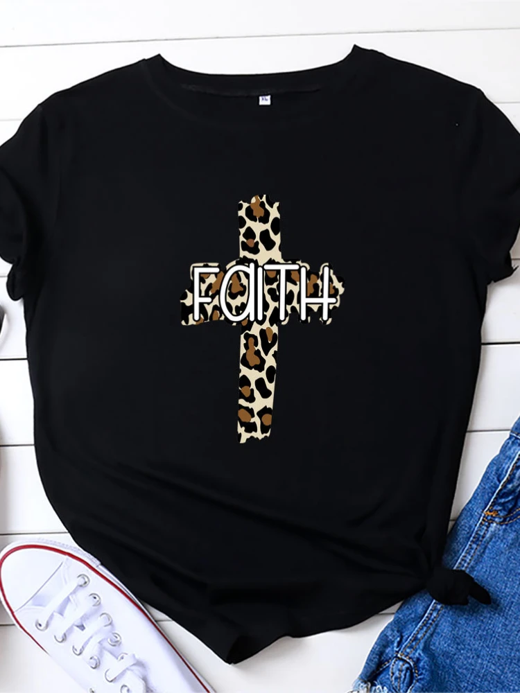 

Faith Leopard Cross Print Women T Shirt Short Sleeve O Neck Loose Women Tshirt Ladies Tee Shirt Tops Clothes Camisetas Mujer