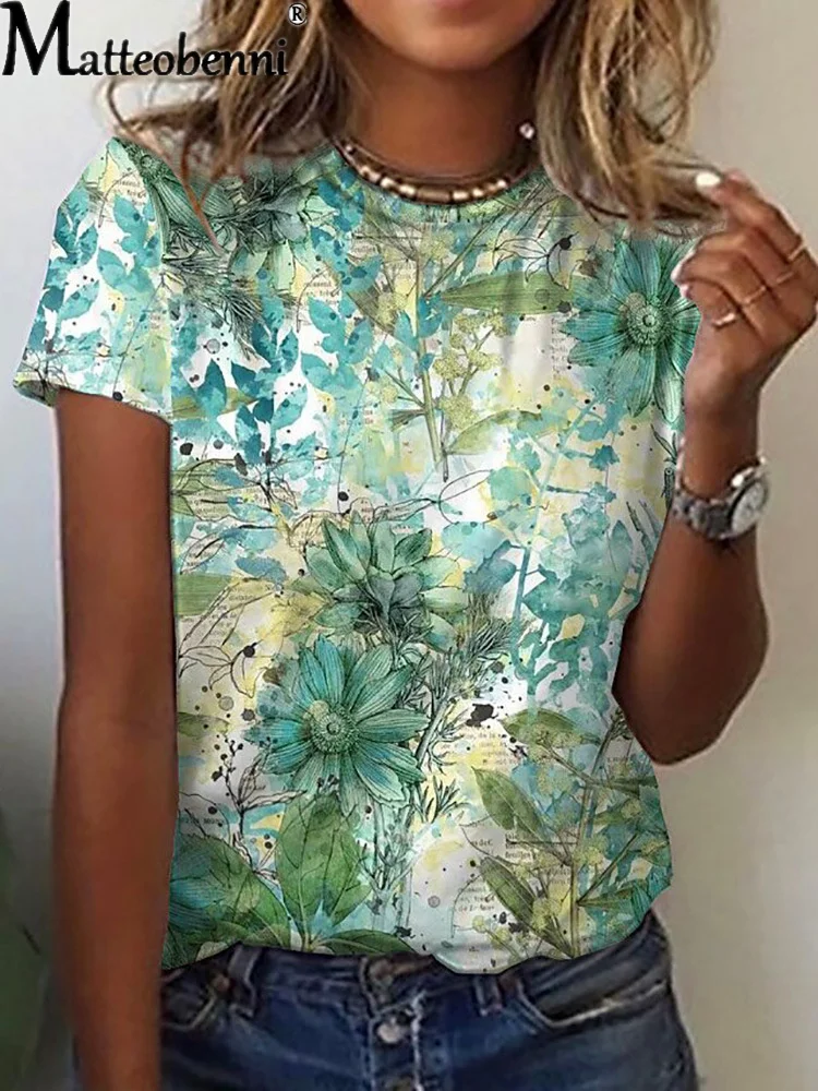 

2022 New Summer Women T Shirt Fashion 3D Floral Print Loose Tops Tees Ladies Casual Round-Neck Short Sleeve T Shirts